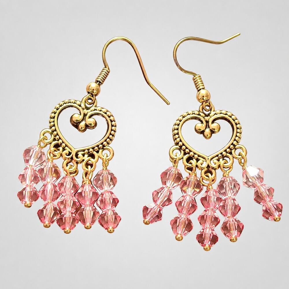 Romantic Pink Crystal Dangle Pierced Earrings 2" Long Chanderlier Heart rp-3 1